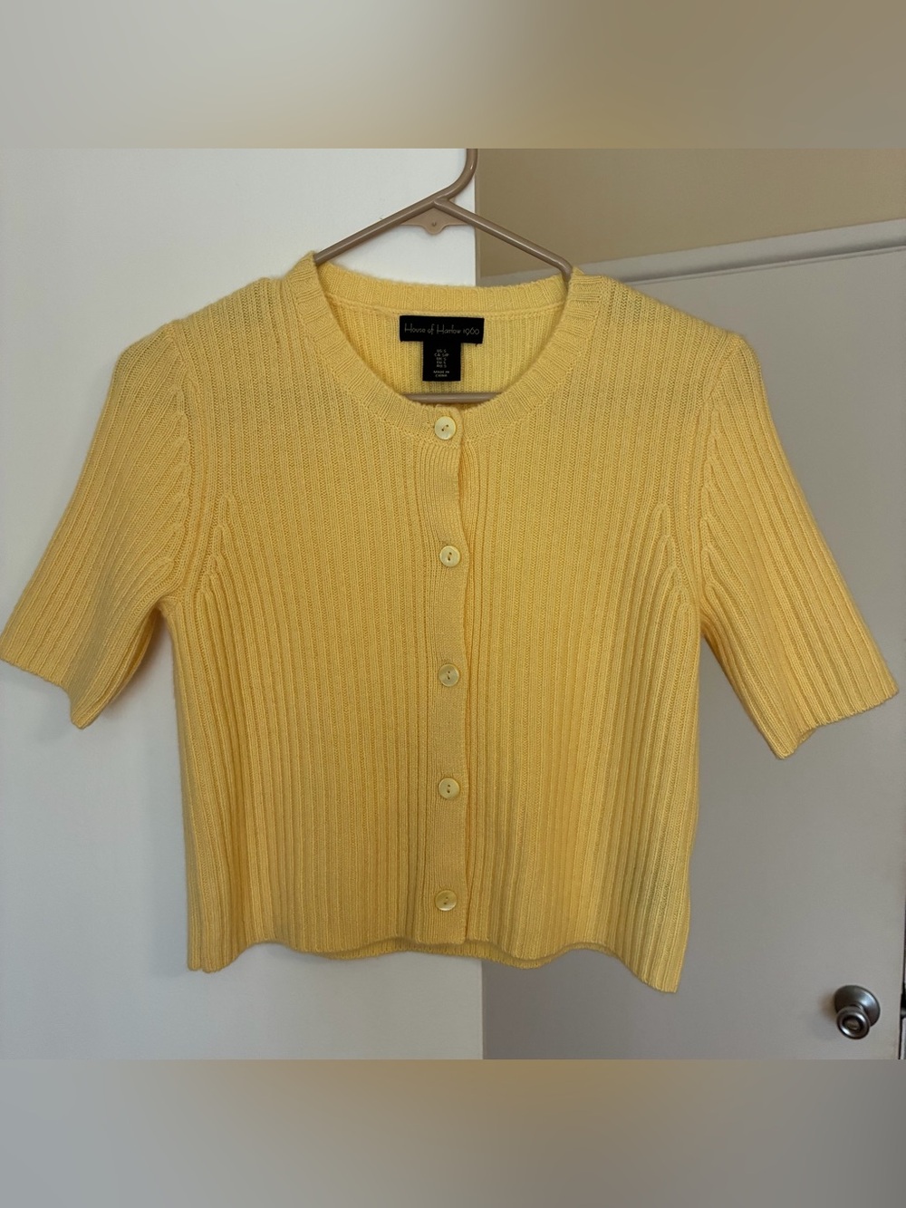 House of Harlow 1960 Sunny Yellow Ribbed Cashmere Short Sleeve Cardigan